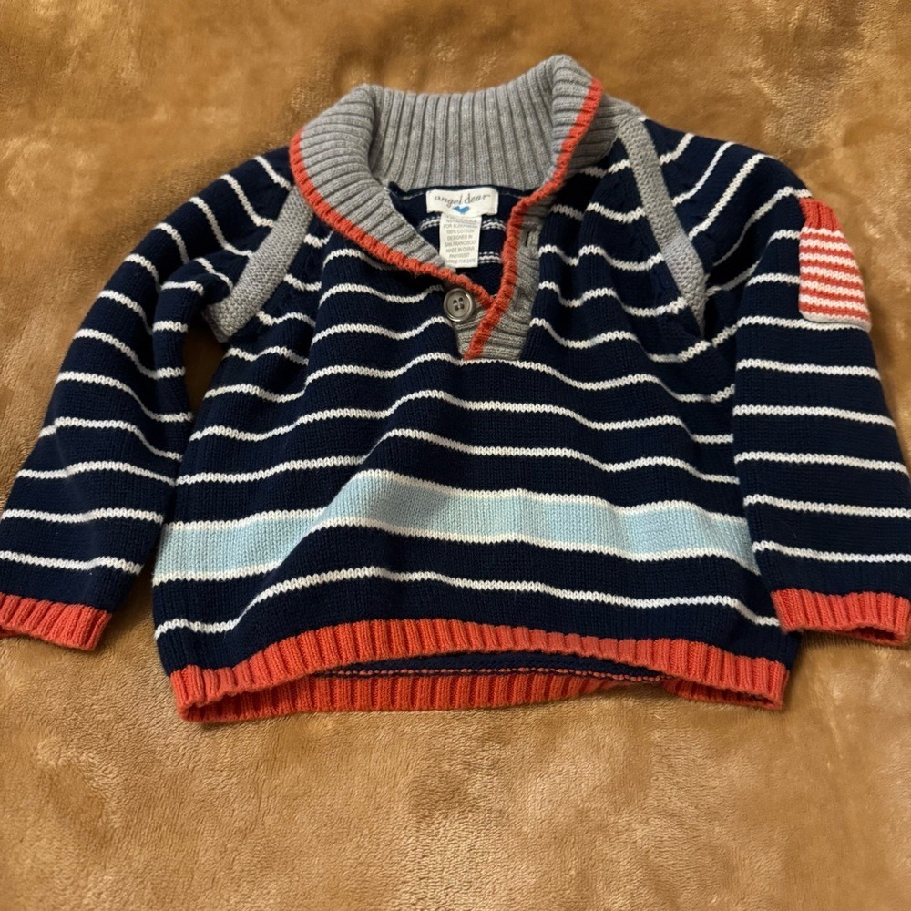 Angel Dear Baby Boys Navy Blue Striped Shawl Collar Knit Sweater 12-18M